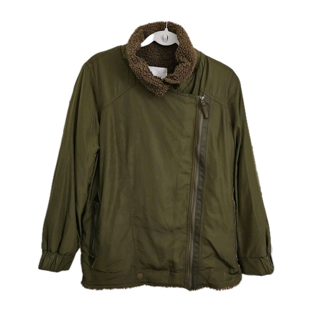 Anthropologie Parka Jacket Medium Petite MP Green Cozy Sherpa Lining Slant Zip